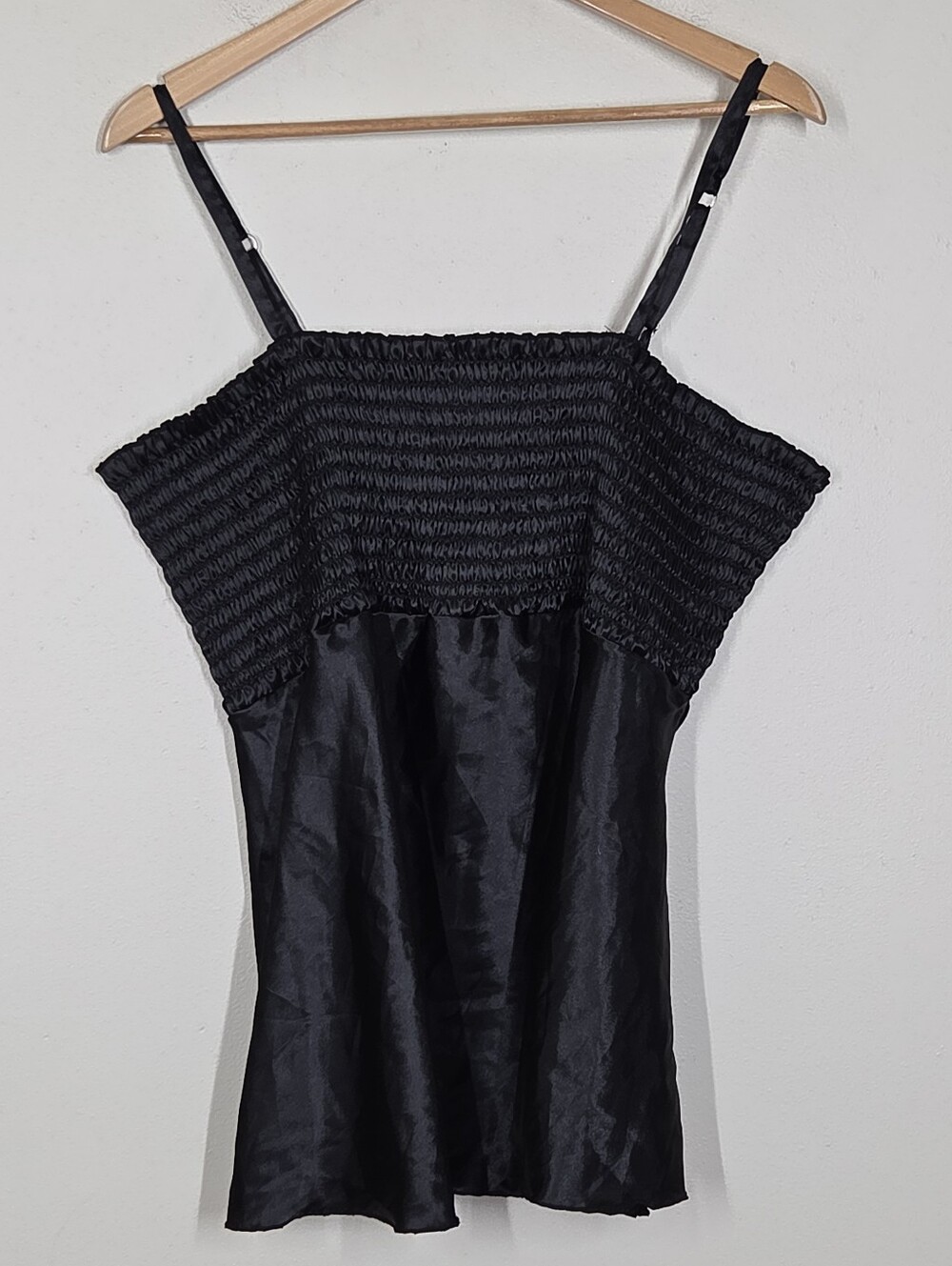 Vtg Y2K No Boundaries Black Satin Babydoll Top Smocked Spaghetti Straps XL Fairy
